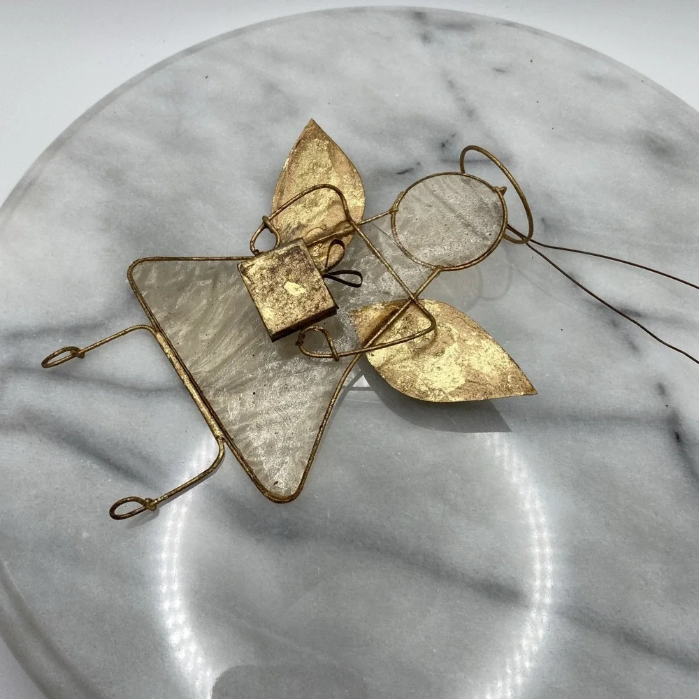 Vintage Gold Guardian Angel Christmas  Ornament Sun Catcher Glass Metal Heaven